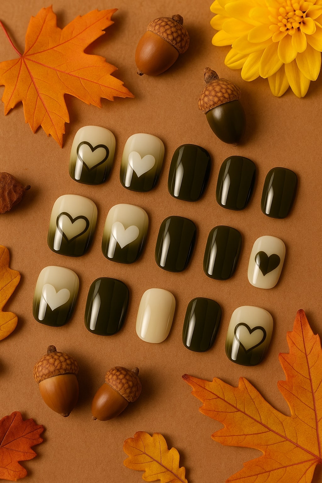 Olive Green Press-On Nails – Heart Accent Design