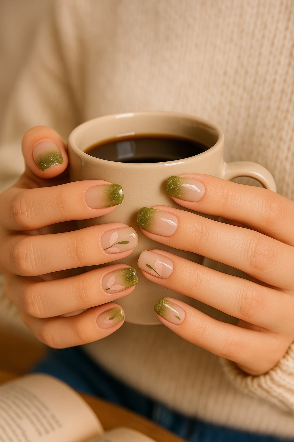 Olive Ombre Press-On Nails – Glitter & Floral Accent Design