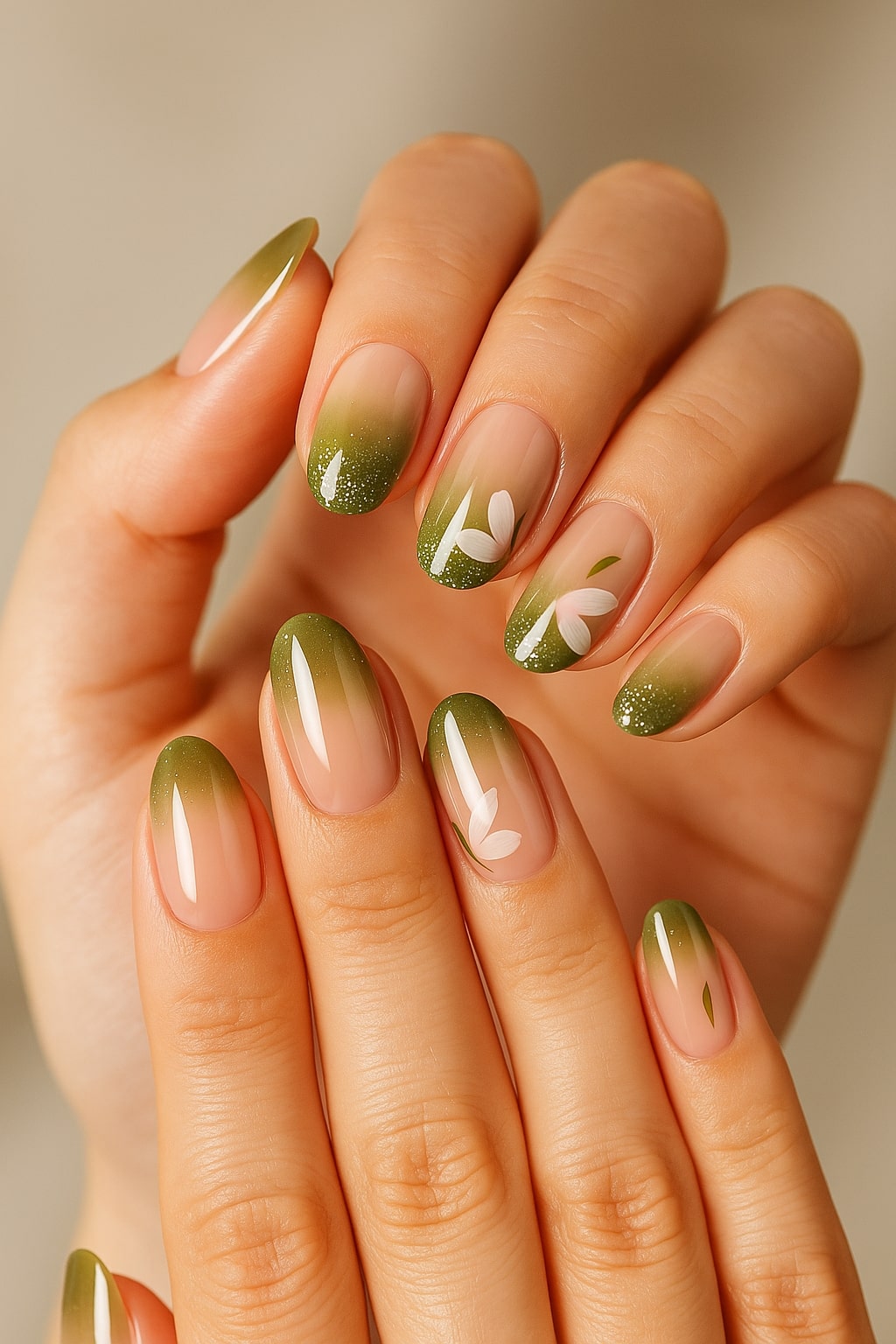 Olive Ombre Press-On Nails – Glitter & Floral Accent Design