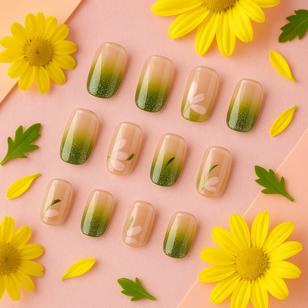 Olive Ombre Press-On Nails – Glitter & Floral Accent Design
