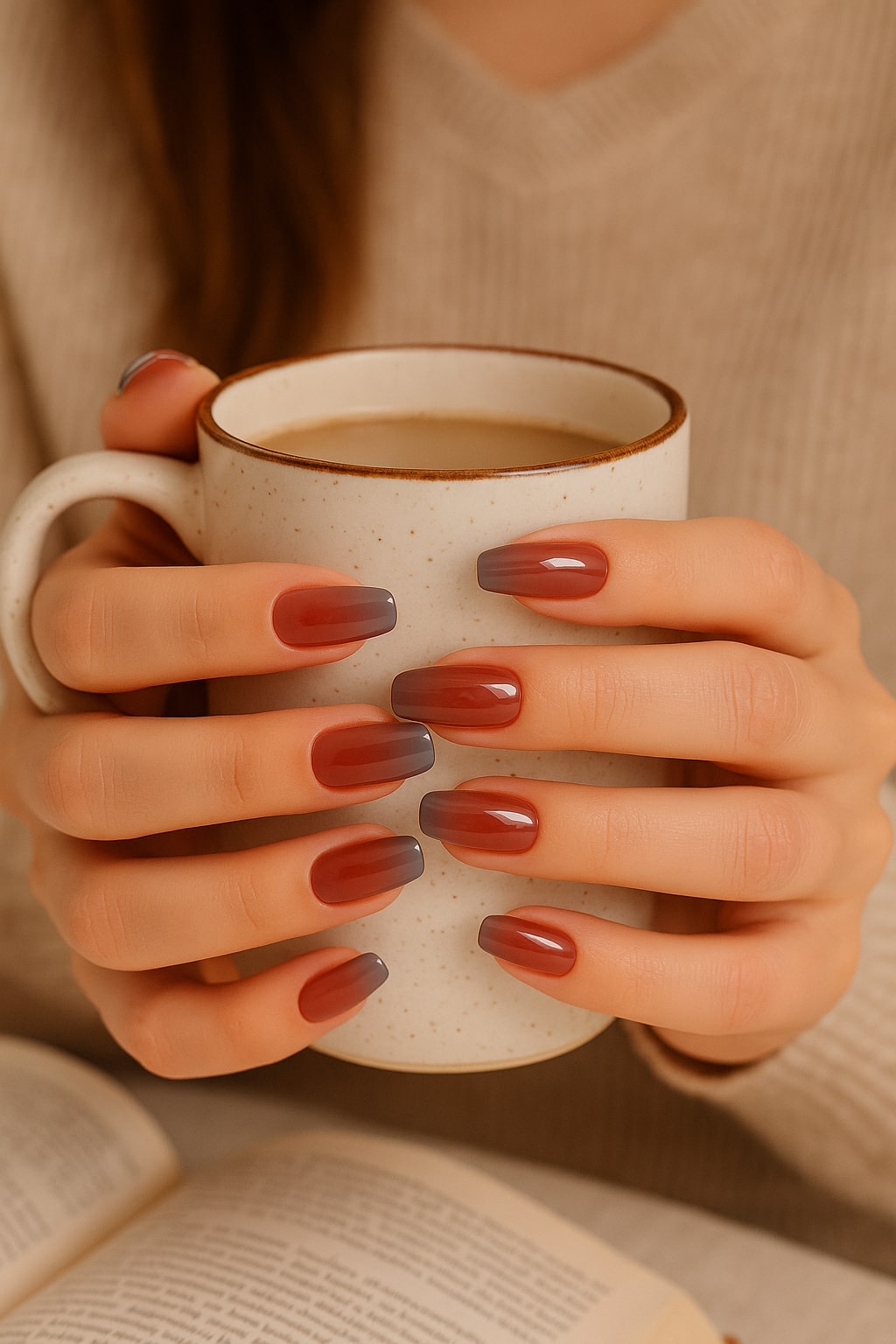 Ombre Coffee Nude Press-On Nails – Glossy Gradient Elegance.