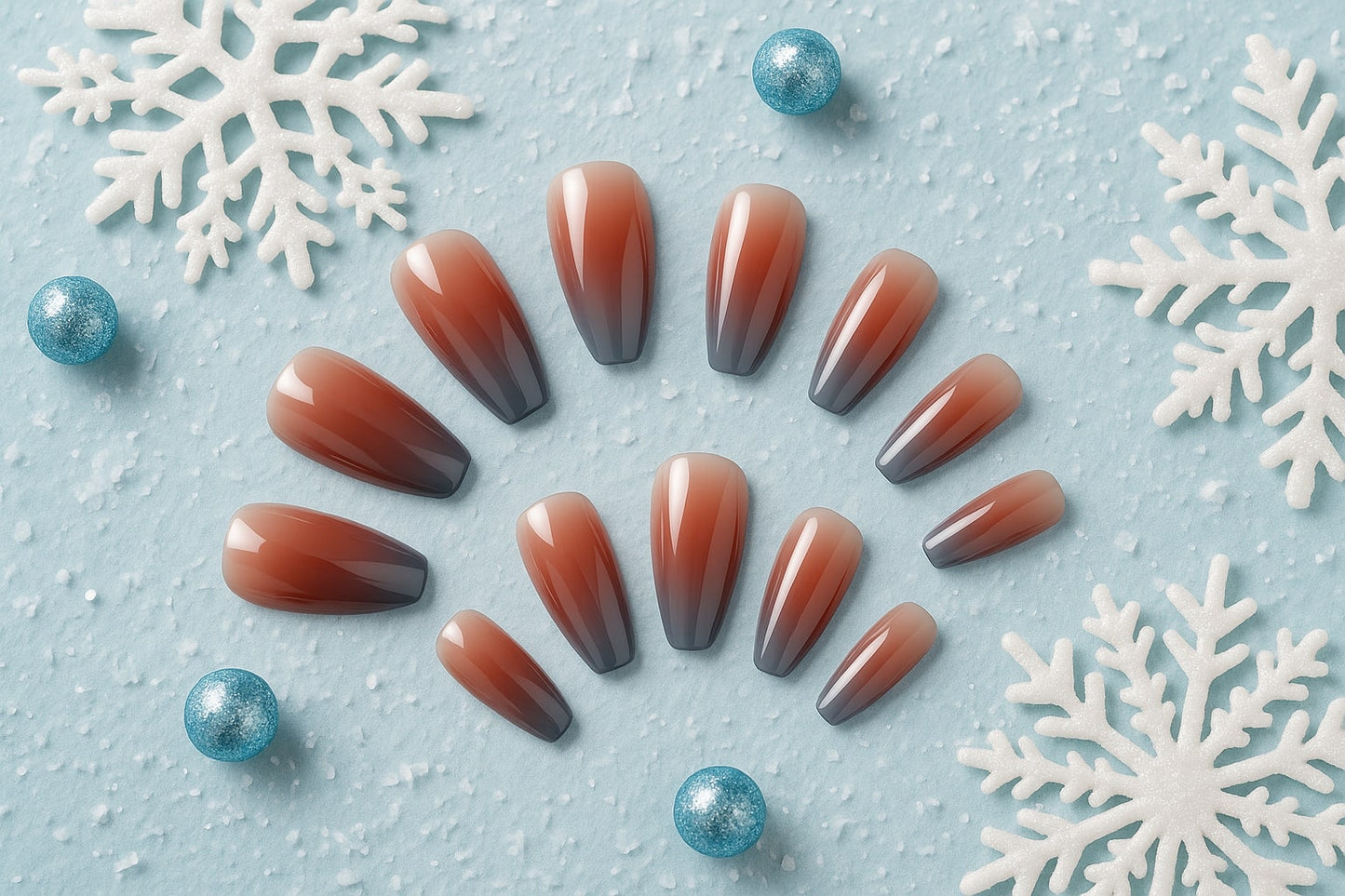 Ombre Coffee Nude Press-On Nails – Glossy Gradient Elegance.