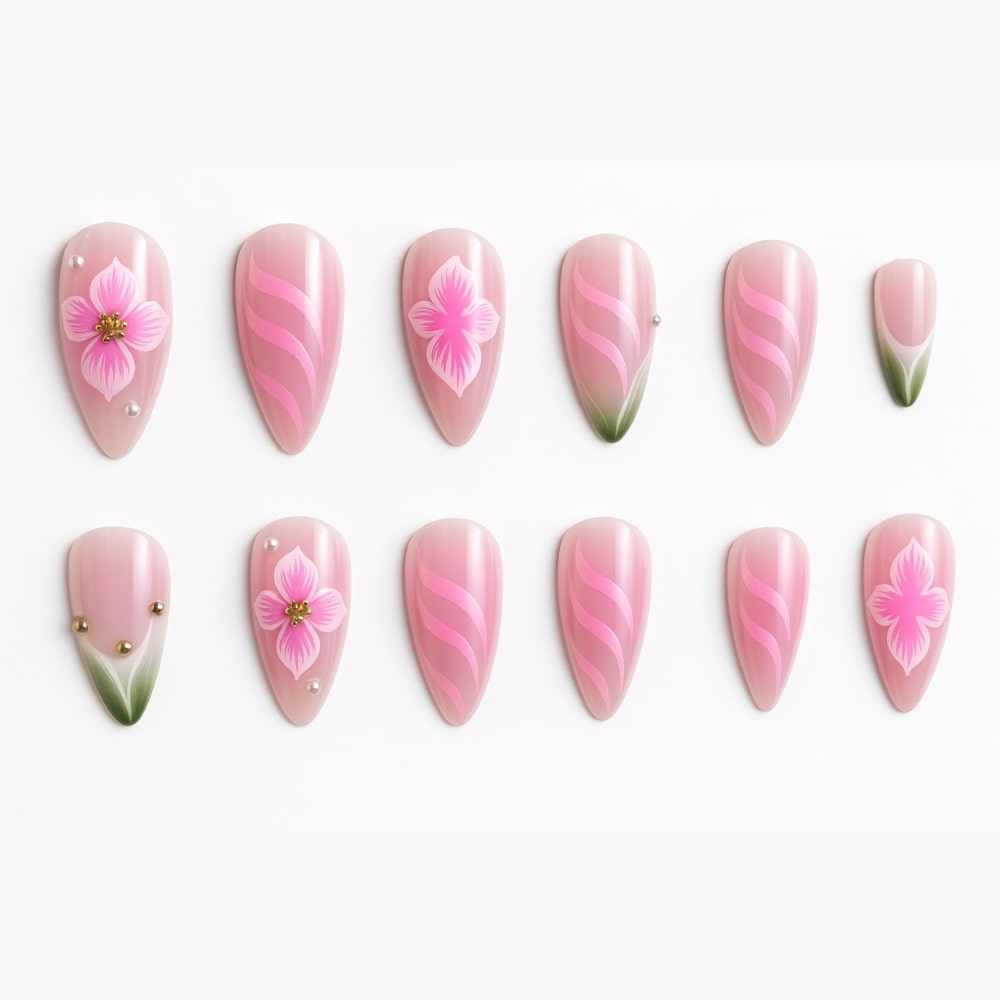 Pink Blossom Press-On Nails – Floral & Pearl Accent Design