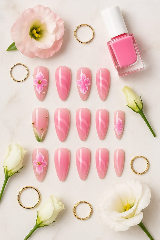 Pink Blossom Press On Nails β Floral & Pearl Accent Design