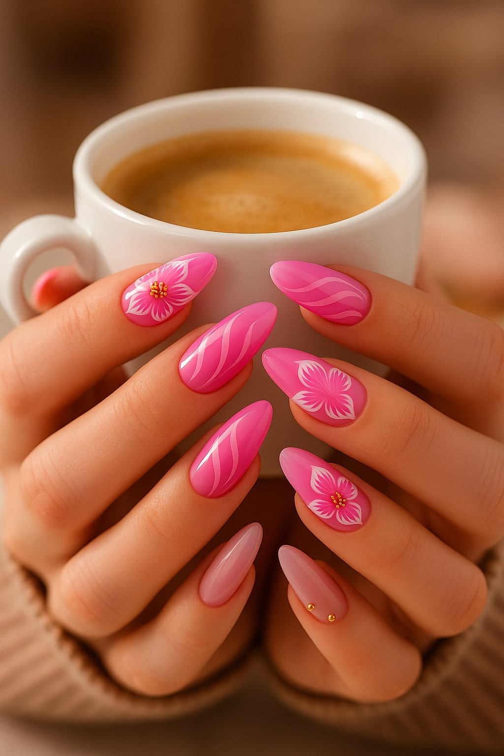 Pink Blossom Press-On Nails – Floral & Pearl Accent Design