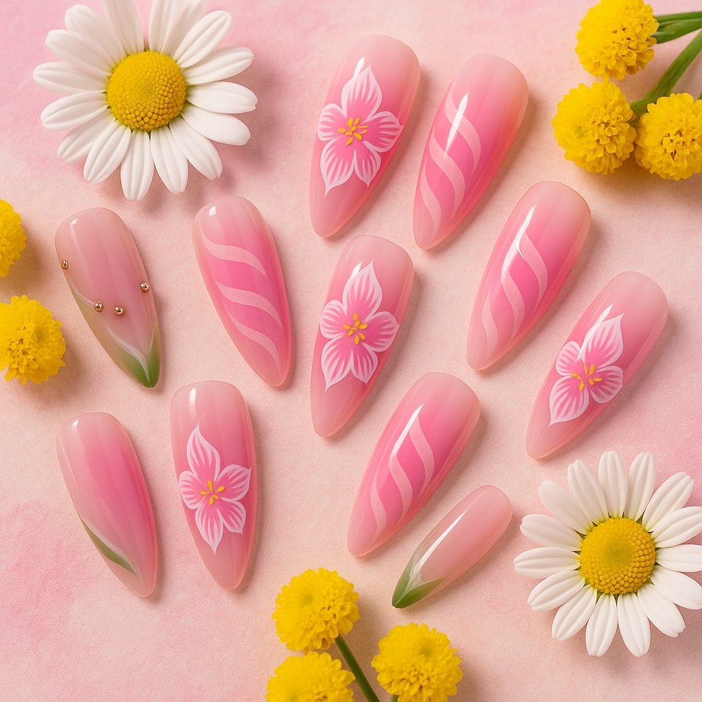 Pink Blossom Press-On Nails – Floral & Pearl Accent Design