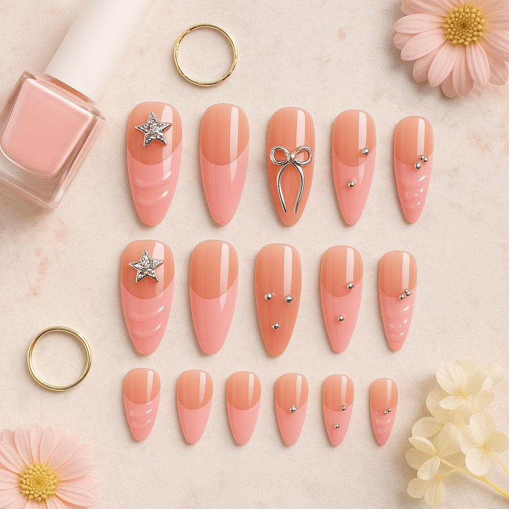 Pink Ombre Press-On Nails – Rhinestone & Bow Charm Design.
