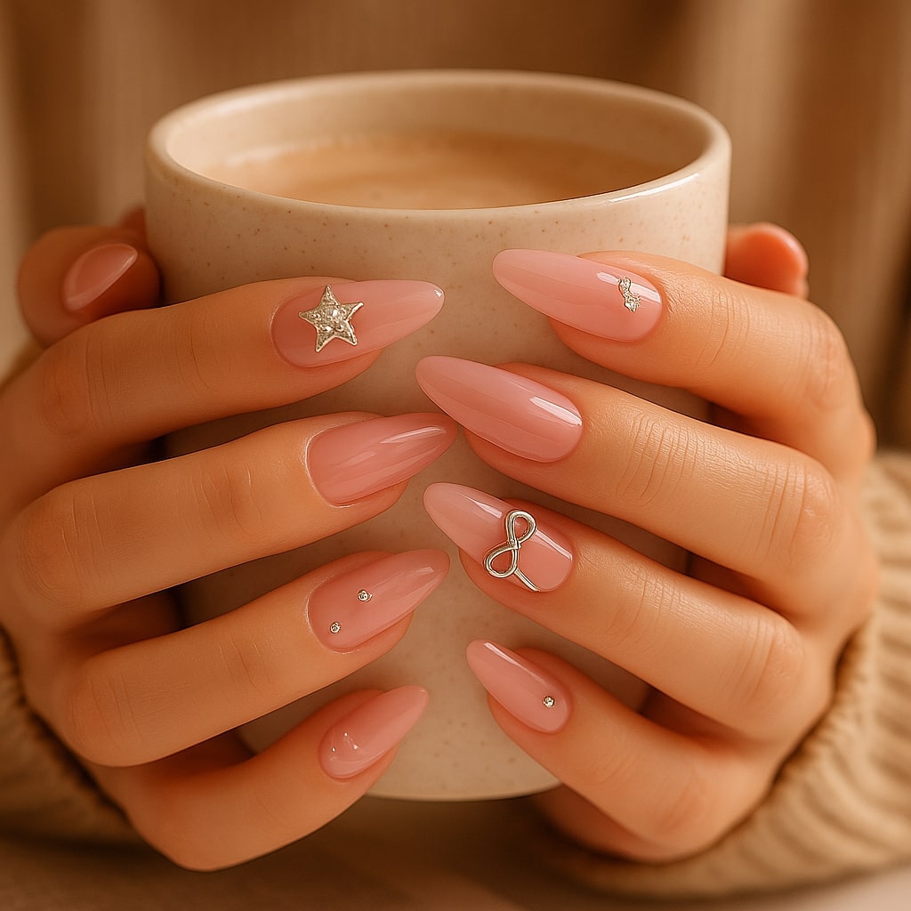 Pink Ombre Press-On Nails – Rhinestone & Bow Charm Design.