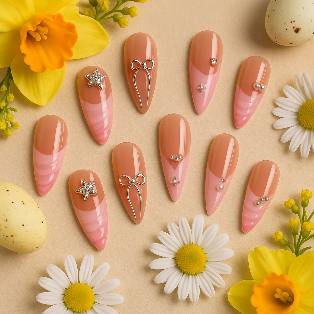 Pink Ombre Press-On Nails – Rhinestone & Bow Charm Design.