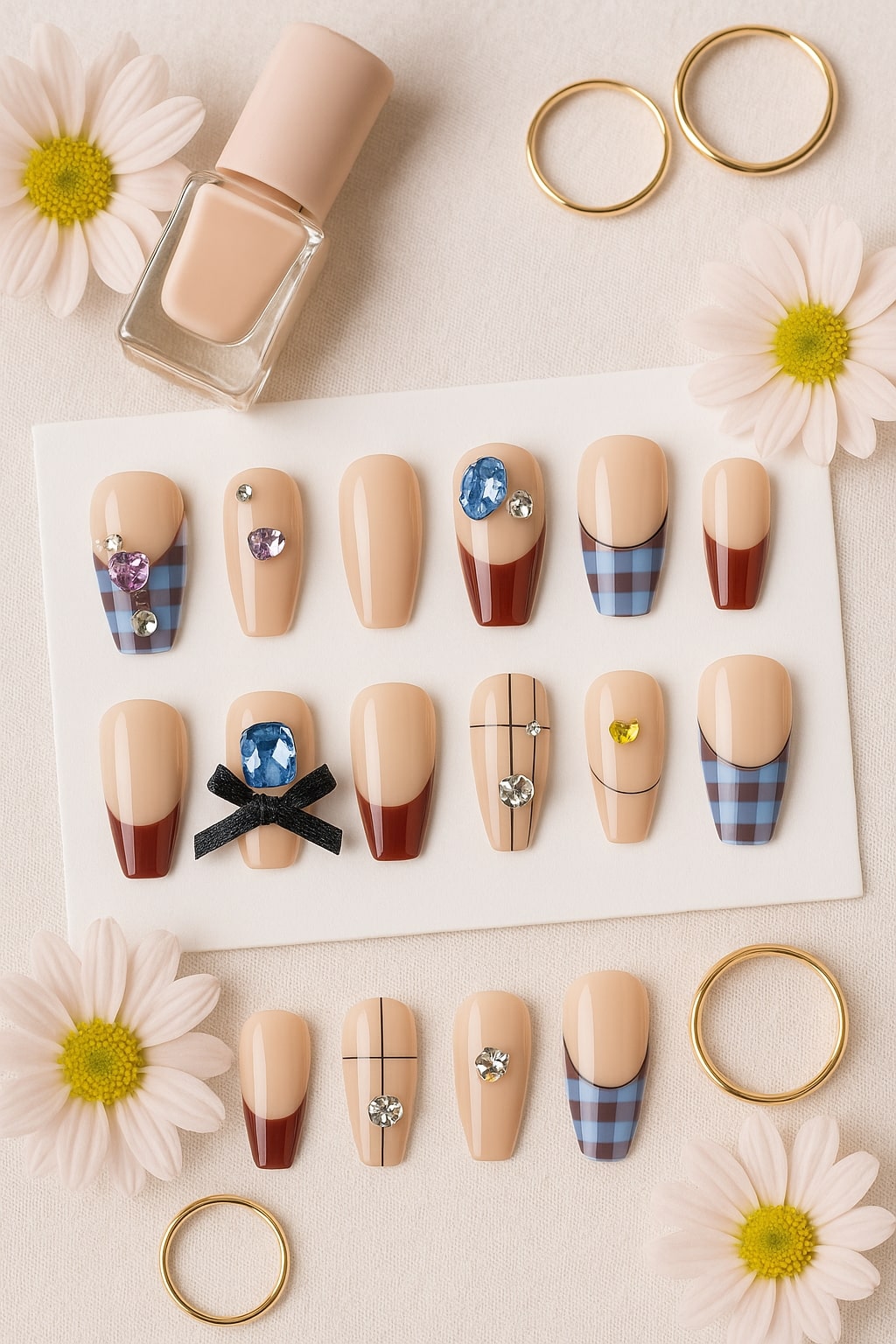 Plaid & Gem Press-On Nails – Burgundy Tips with Rhinestone Accents.