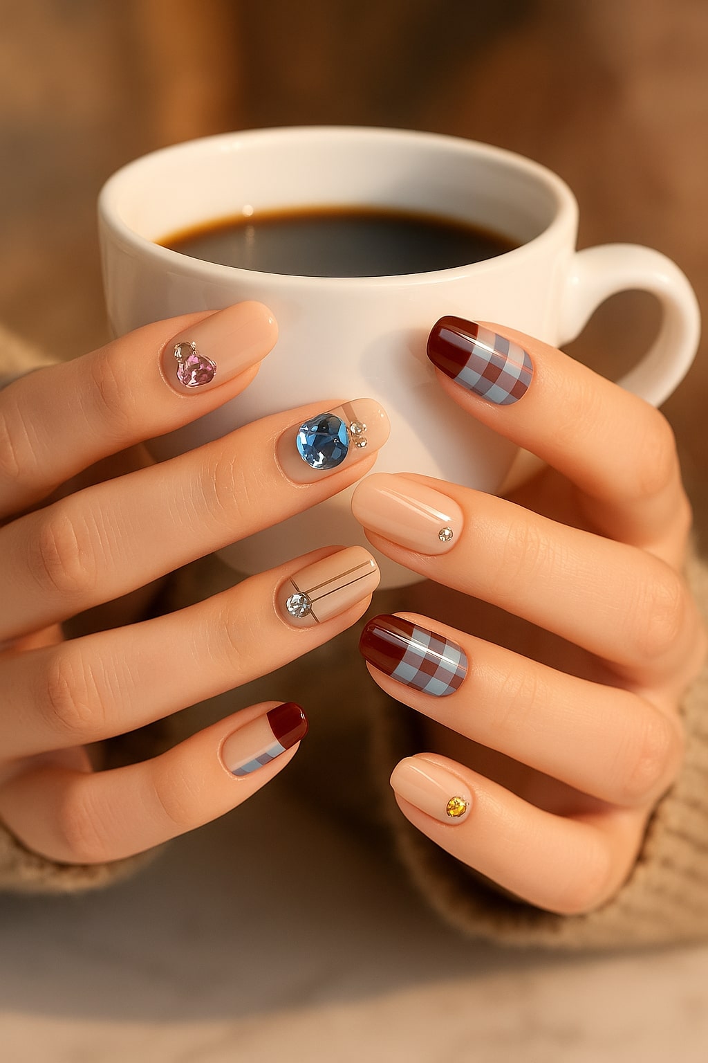Plaid & Gem Press-On Nails – Burgundy Tips with Rhinestone Accents.