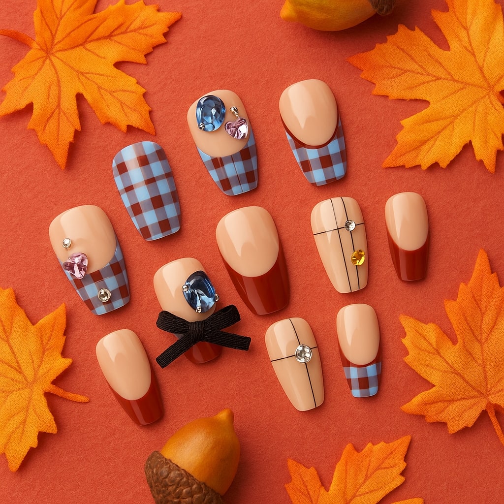 Plaid & Gem Press-On Nails – Burgundy Tips with Rhinestone Accents.