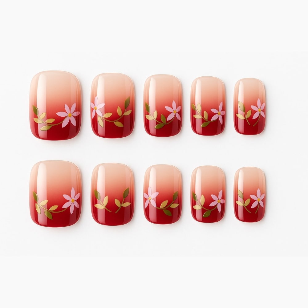 Crimson Ombre Press-On Nails – Hand-Painted Floral Charm.