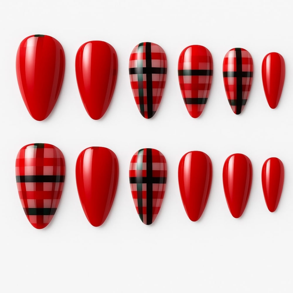 Red Plaid Press-On Nails – Glossy Festive Design.