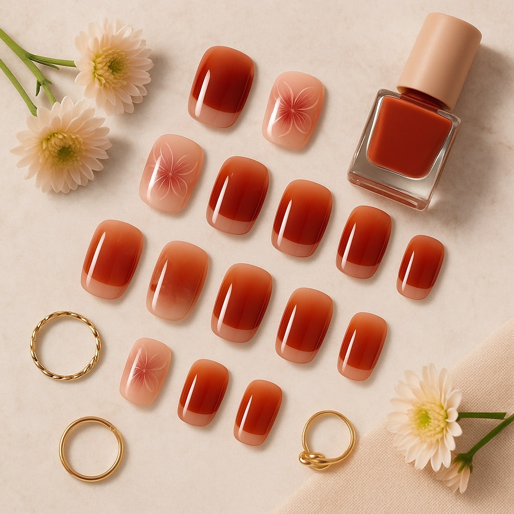 Red Ombre Press-On Nails – Floral Accent Design.