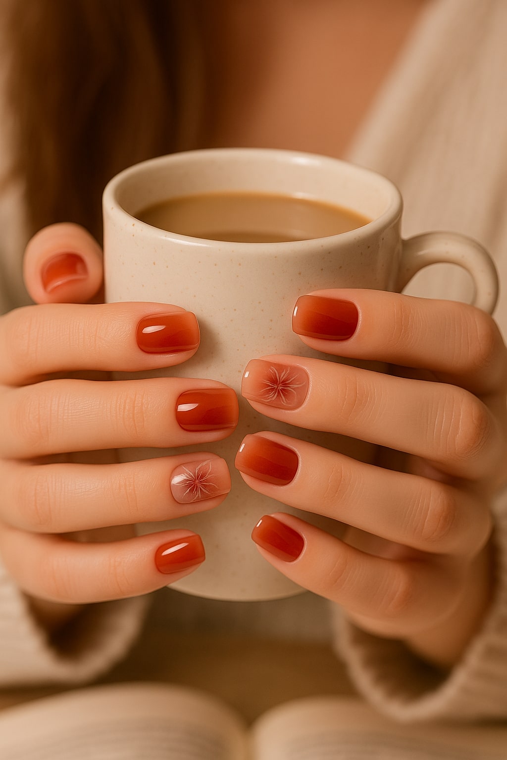 Red Ombre Press-On Nails – Floral Accent Design.
