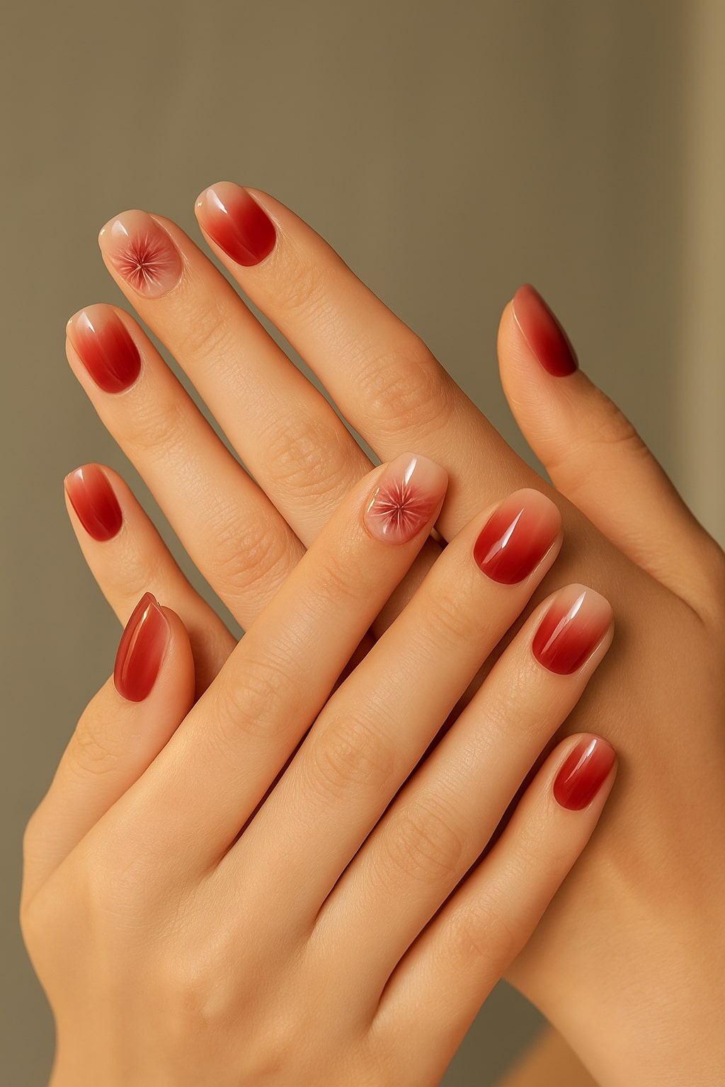 Red Ombre Press-On Nails – Floral Accent Design.