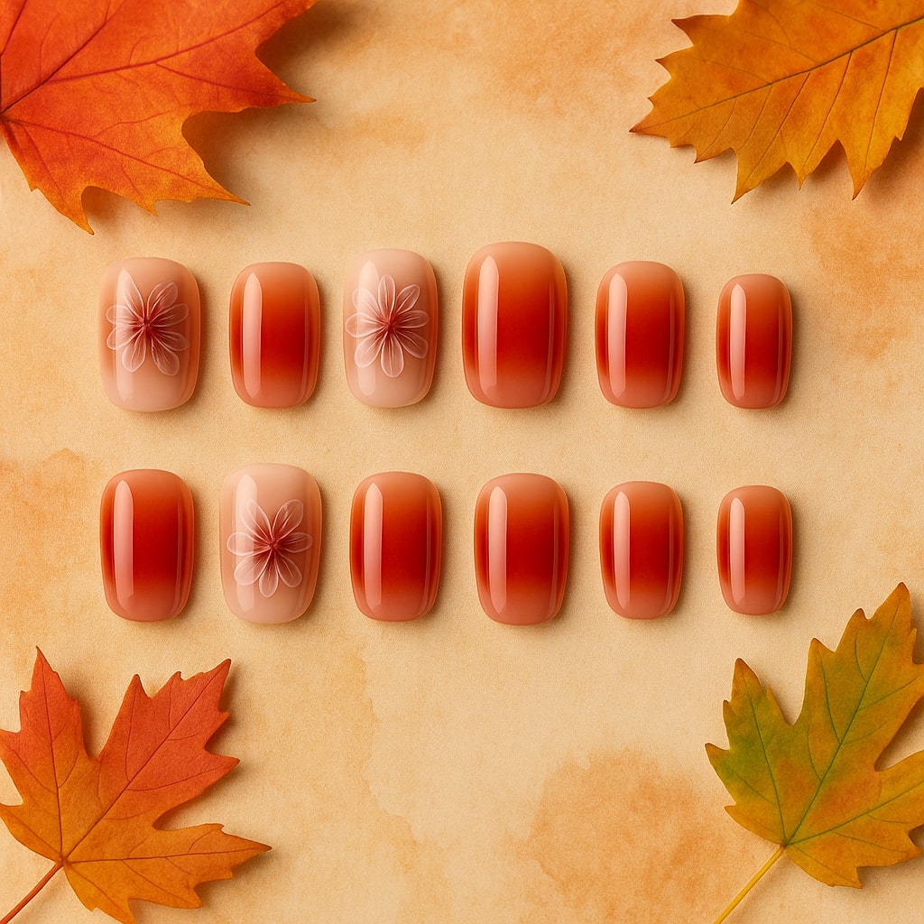 Red Ombre Press-On Nails – Floral Accent Design.
