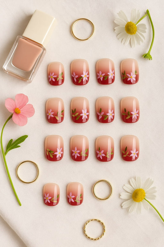 Crimson Ombre Press On Nails – Hand-Painted Floral Charm.