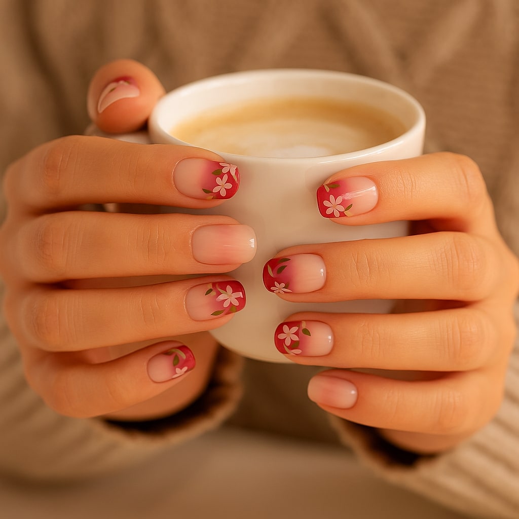 Crimson Ombre Press-On Nails – Hand-Painted Floral Charm.