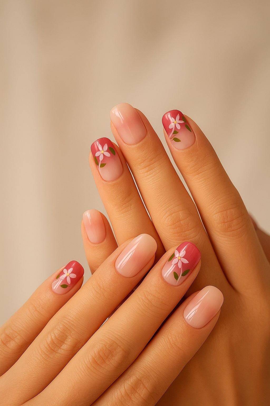 Crimson Ombre Press-On Nails – Hand-Painted Floral Charm.