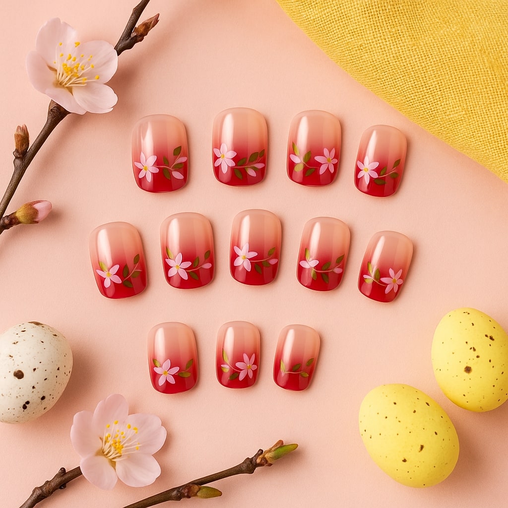 Crimson Ombre Press-On Nails – Hand-Painted Floral Charm.