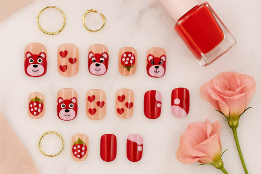 Red & Pink Press On Nails – Cute Bear, Hearts & Strawberry Design.