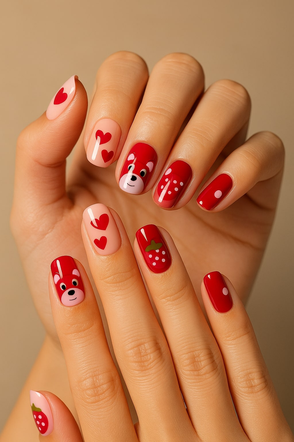 Red & Pink Press-On Nails – Cute Bear, Hearts & Strawberry Design.