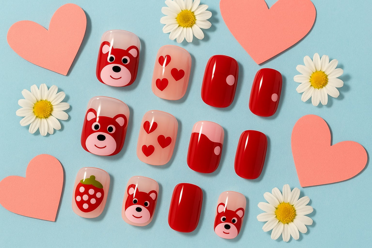 Red & Pink Press-On Nails – Cute Bear, Hearts & Strawberry Design.