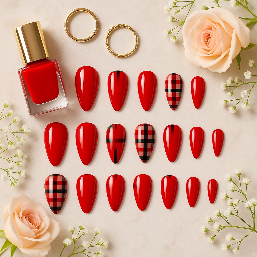 Red Plaid Press-On Nails – Glossy Festive Design.