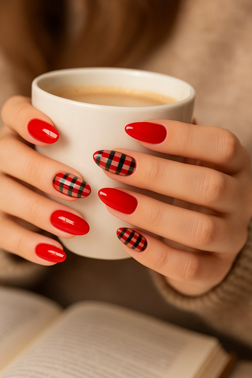 Red Plaid Press-On Nails – Glossy Festive Design.