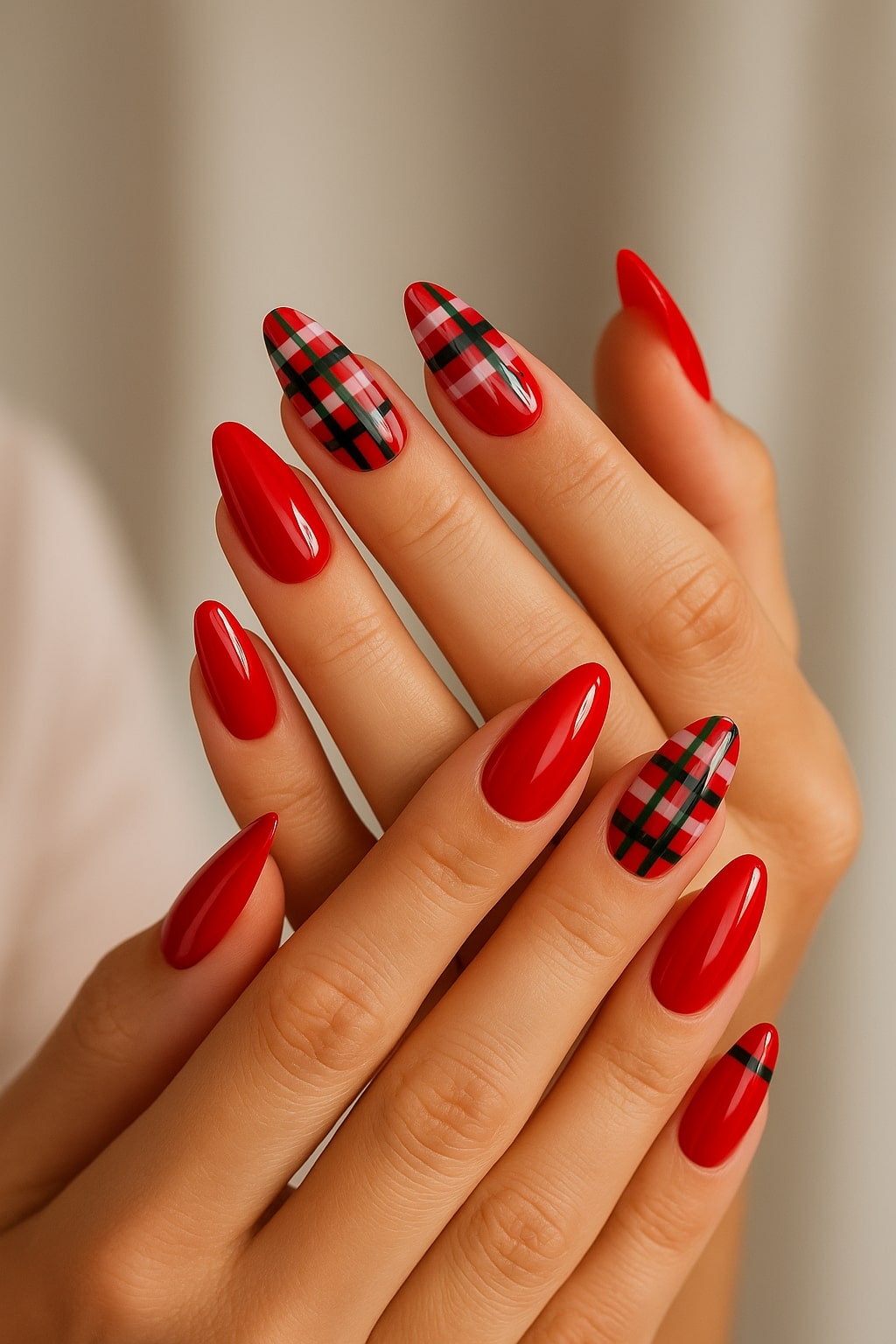 Red Plaid Press-On Nails – Glossy Festive Design.