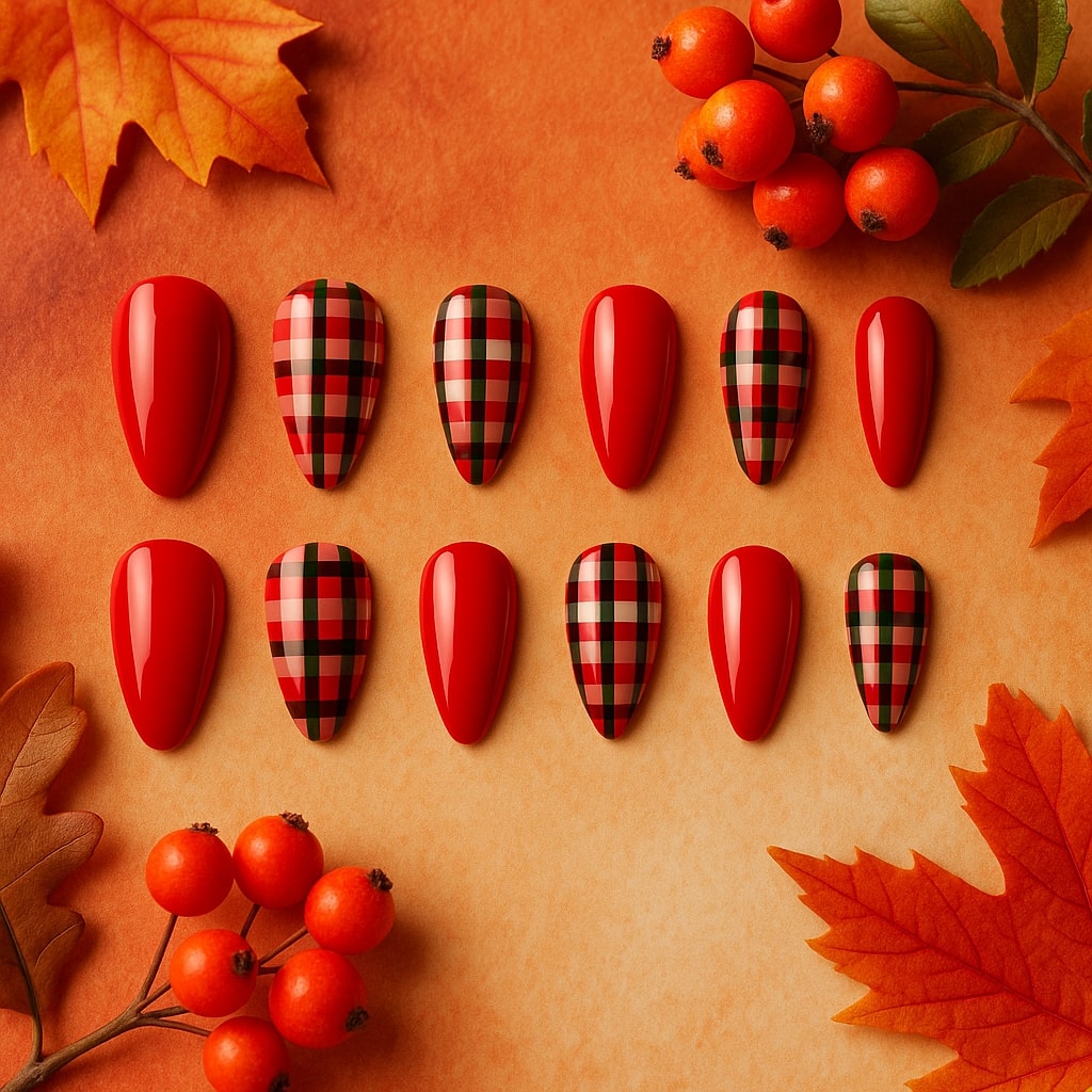 Red Plaid Press-On Nails – Glossy Festive Design.