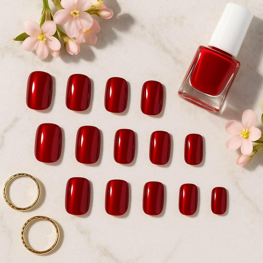 Red Wine Press On Nails – Glossy Classic Square Finish.