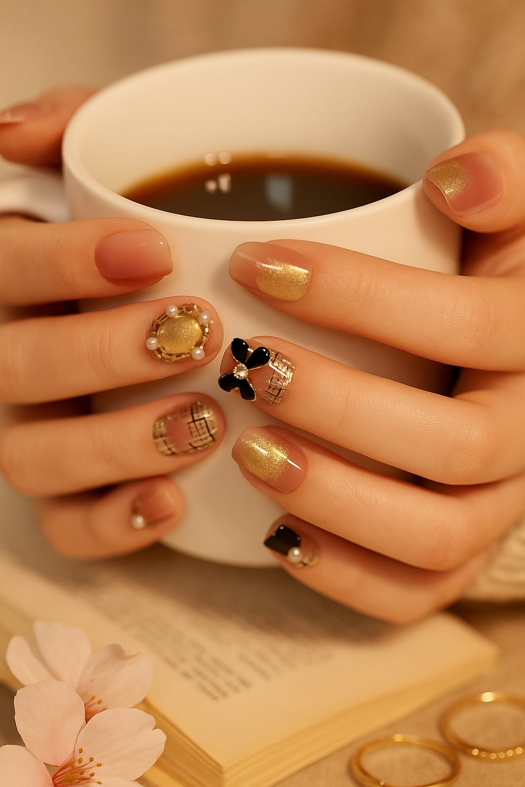 Rose Gold Press-On Nails – Plaid & Pearl Embellishments.
