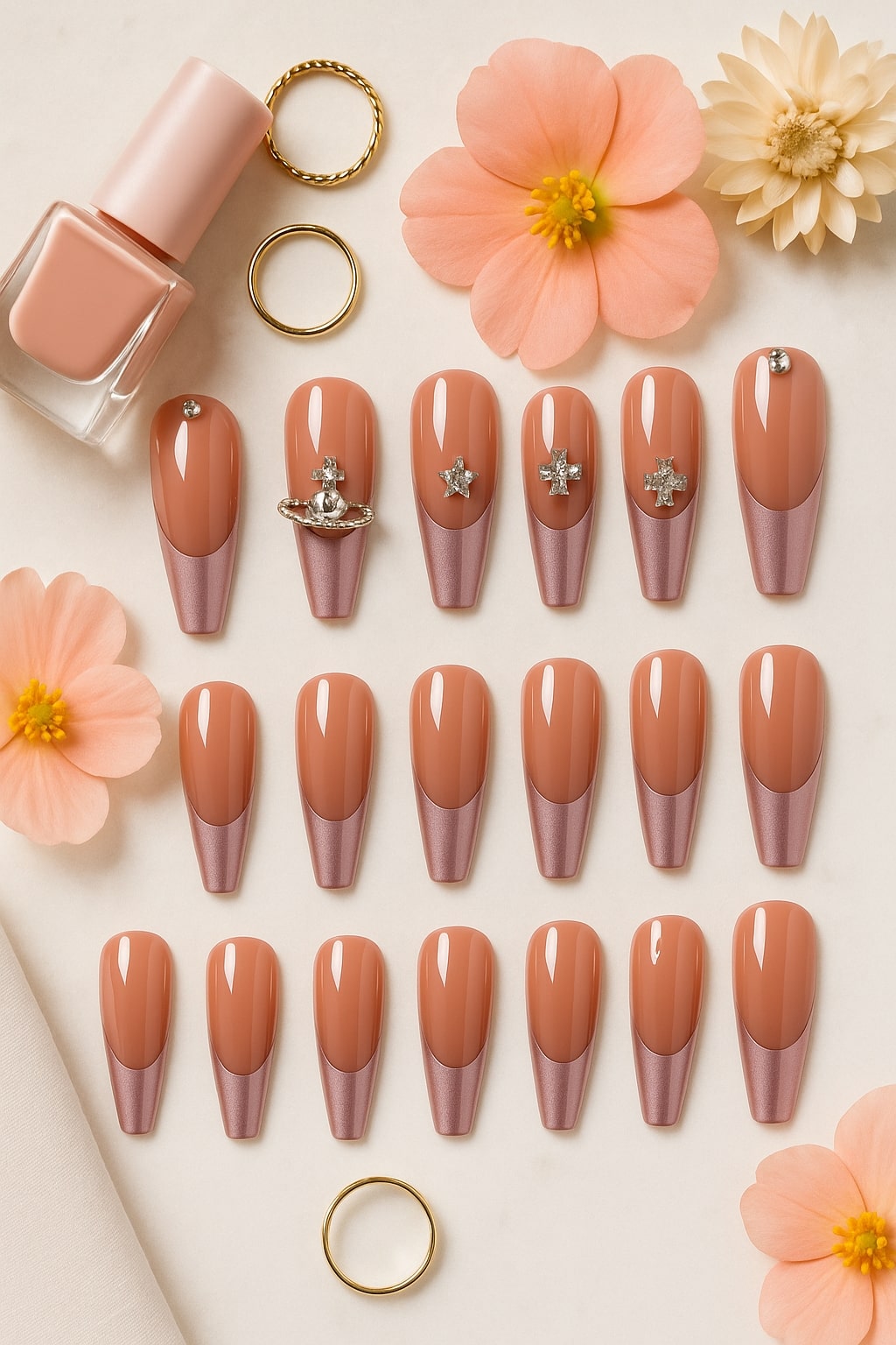 Rose Mauve Press-On Nails – Glossy Rhinestone & Charm Design.
