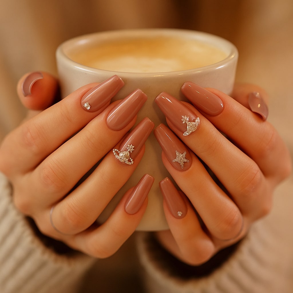 Rose Mauve Press-On Nails – Glossy Rhinestone & Charm Design.