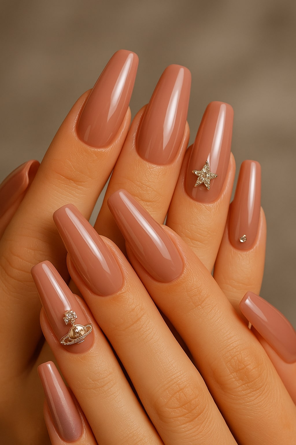 Rose Mauve Press-On Nails – Glossy Rhinestone & Charm Design.