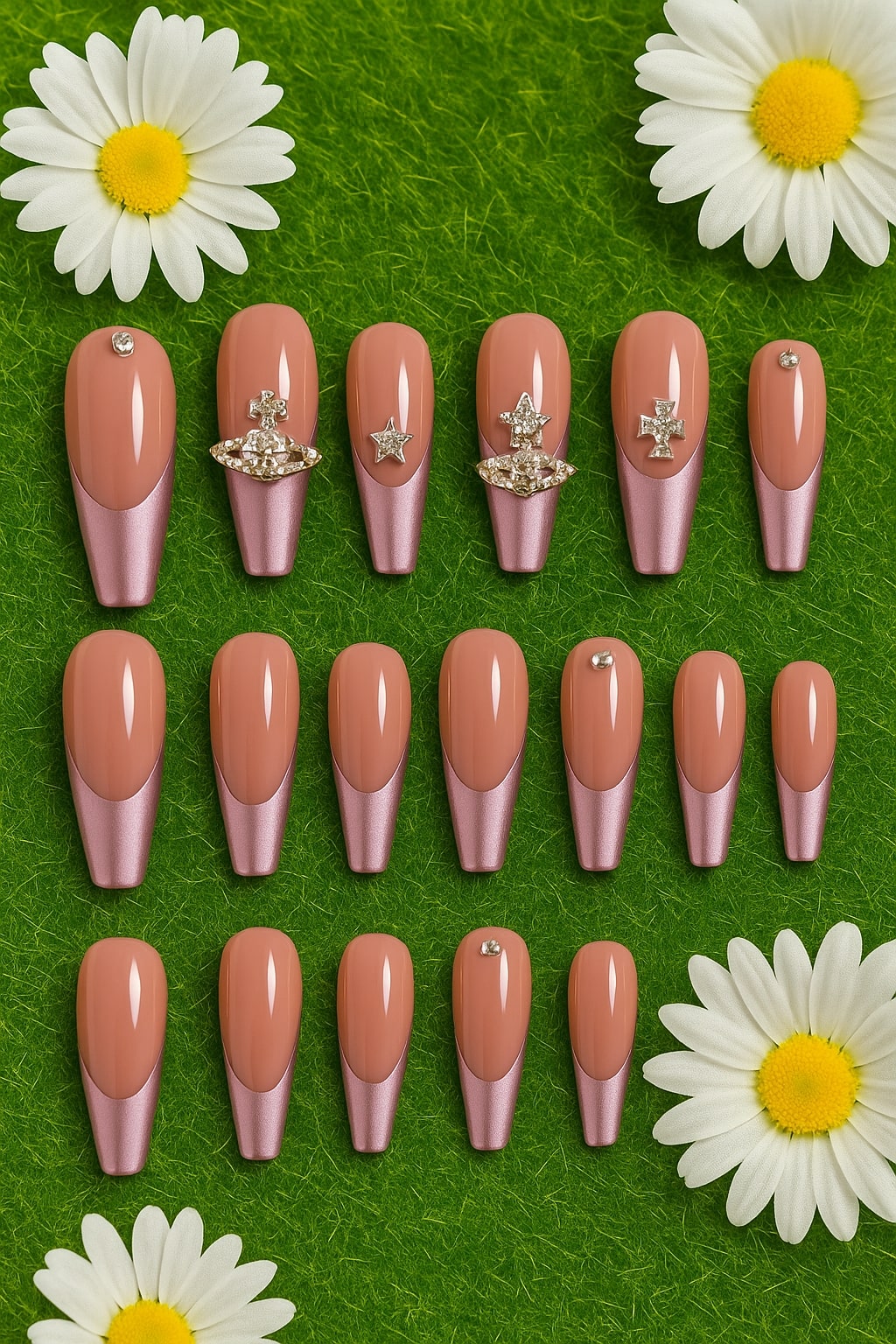 Rose Mauve Press-On Nails – Glossy Rhinestone & Charm Design.