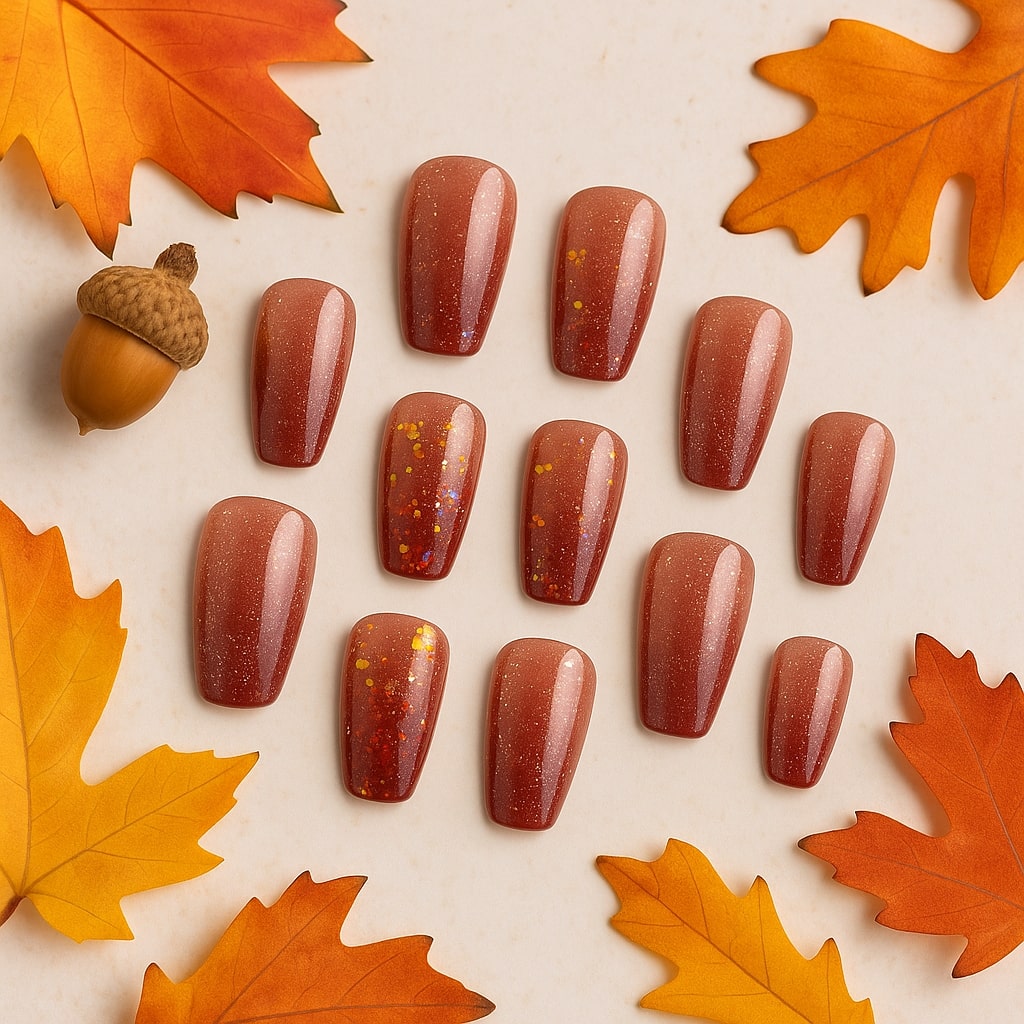 Rosewood Glitter Press-On Nails – Shimmer & Foil Accents