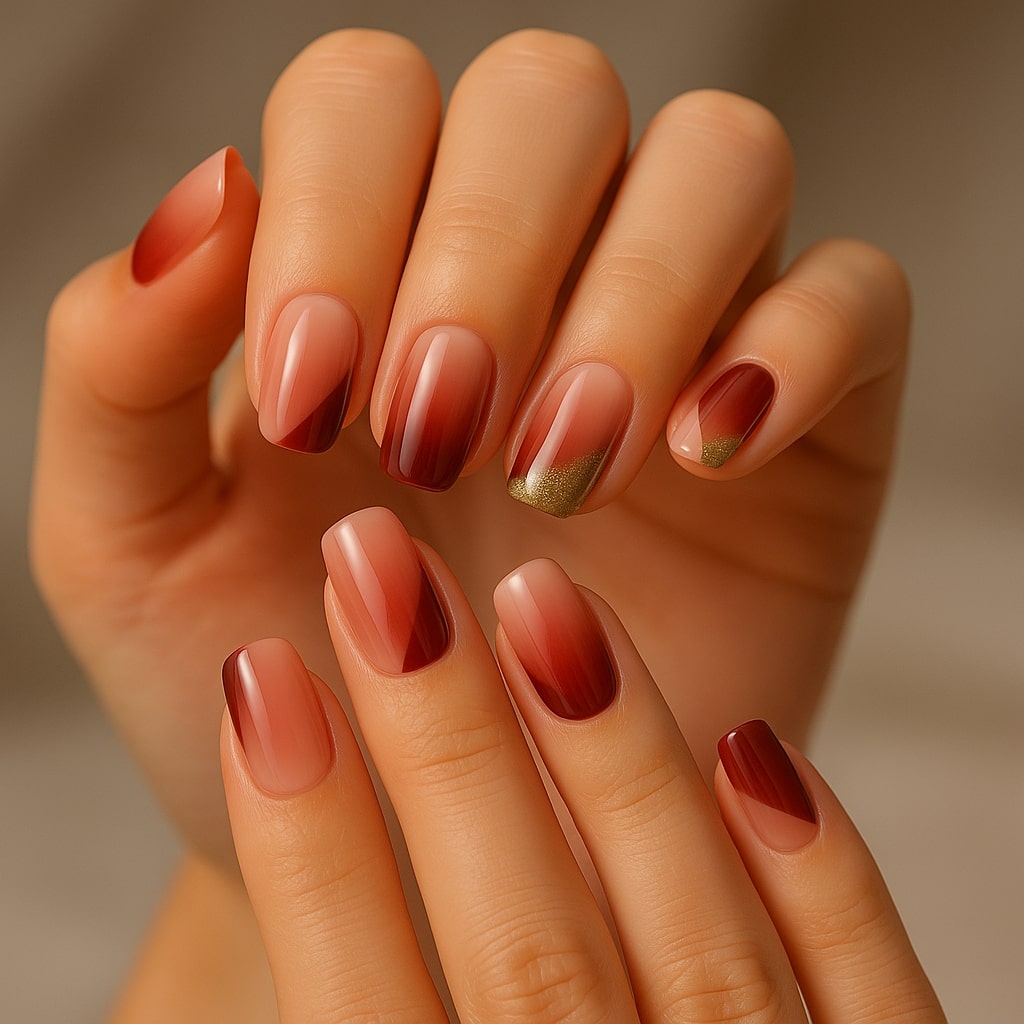 Rosewood Ombre Press-On Nails – Gold Accent Modern Design