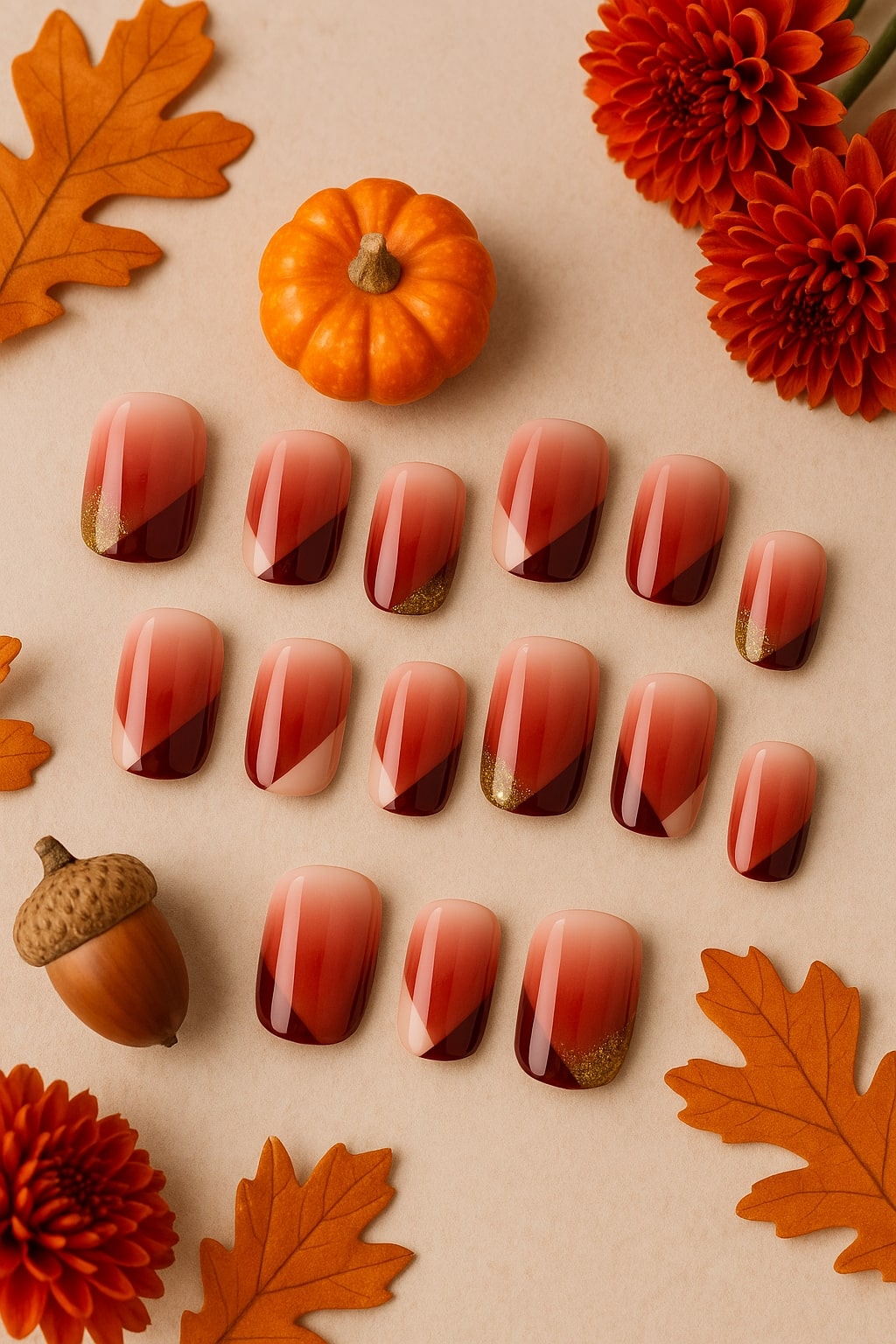 Rosewood Ombre Press-On Nails – Gold Accent Modern Design