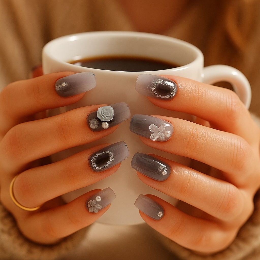Smoky Gray Ombre Press-On Nails – 3D Roses & Pearl Accents