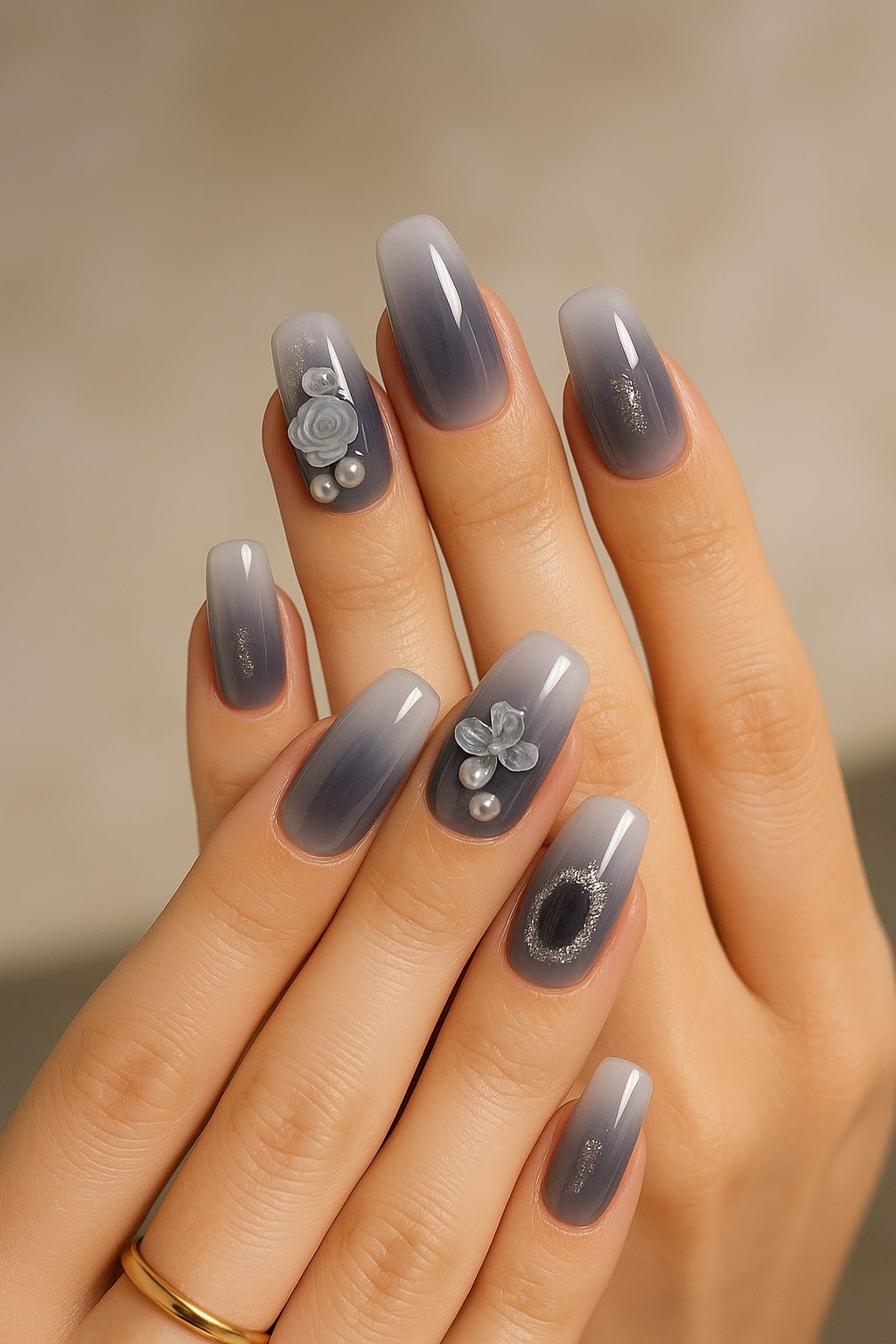 Smoky Gray Ombre Press-On Nails – 3D Roses & Pearl Accents