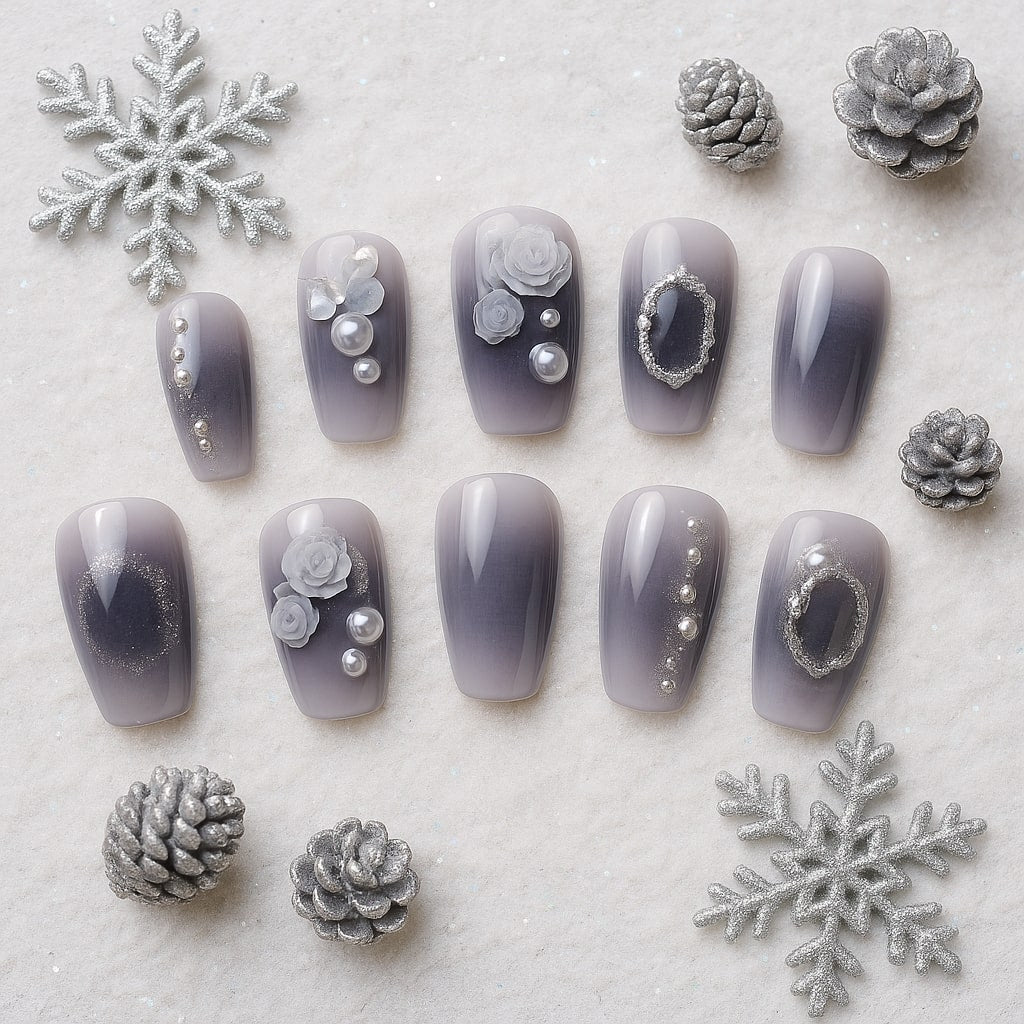 Smoky Gray Ombre Press-On Nails – 3D Roses & Pearl Accents