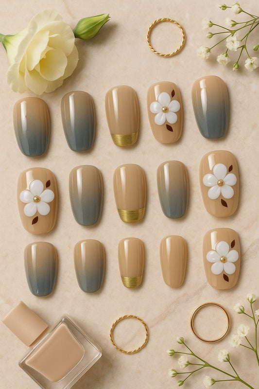 Taupe & Gray Ombre Press On Nails β 3D White Floral Accent