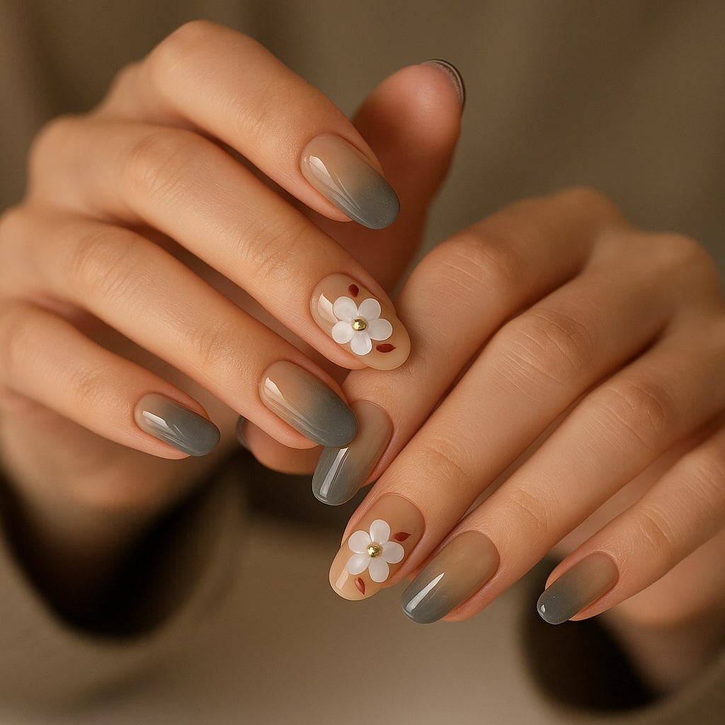 Taupe & Gray Ombre Press-On Nails – 3D White Floral Accent