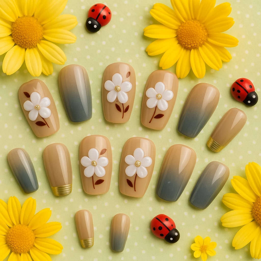 Taupe & Gray Ombre Press-On Nails – 3D White Floral Accent