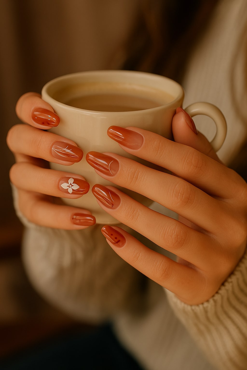 Terracotta Ombre Press-On Nails – Floral Accent Design.