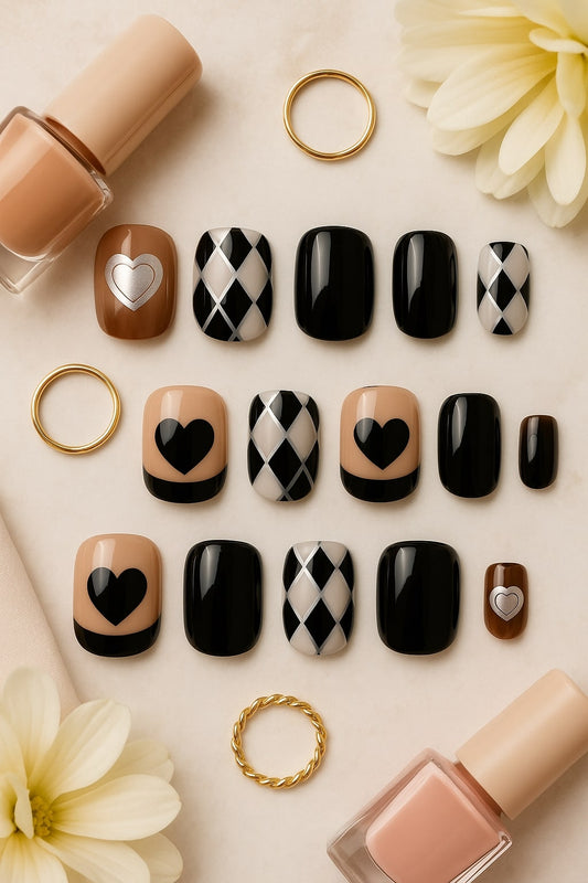 Black & Nude Press-On Nails – Hearts & Harlequin Pattern.